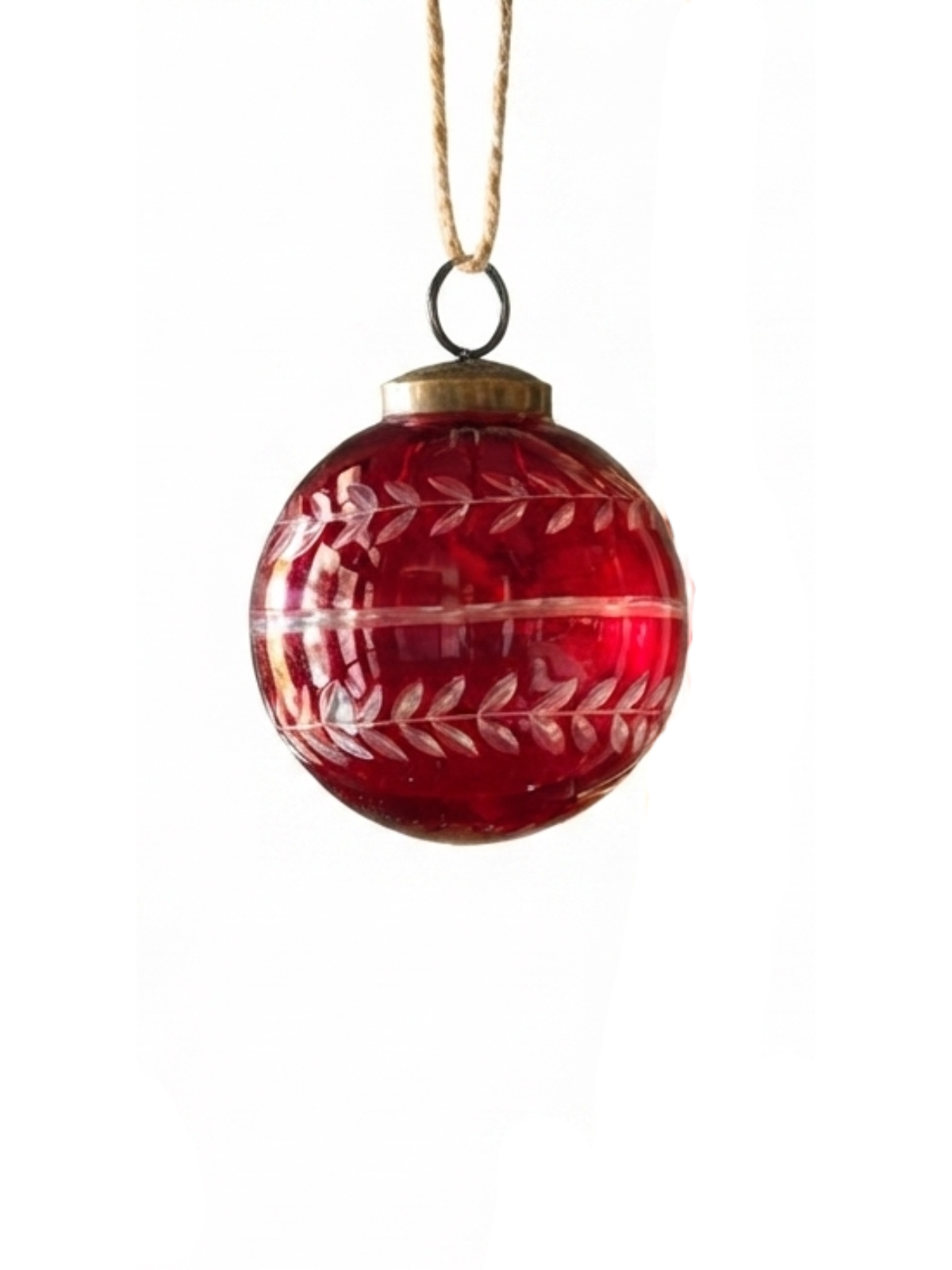 Red glass 3-inch Christmas ball ornament with etched leaf patterns and a twine hanging loop.