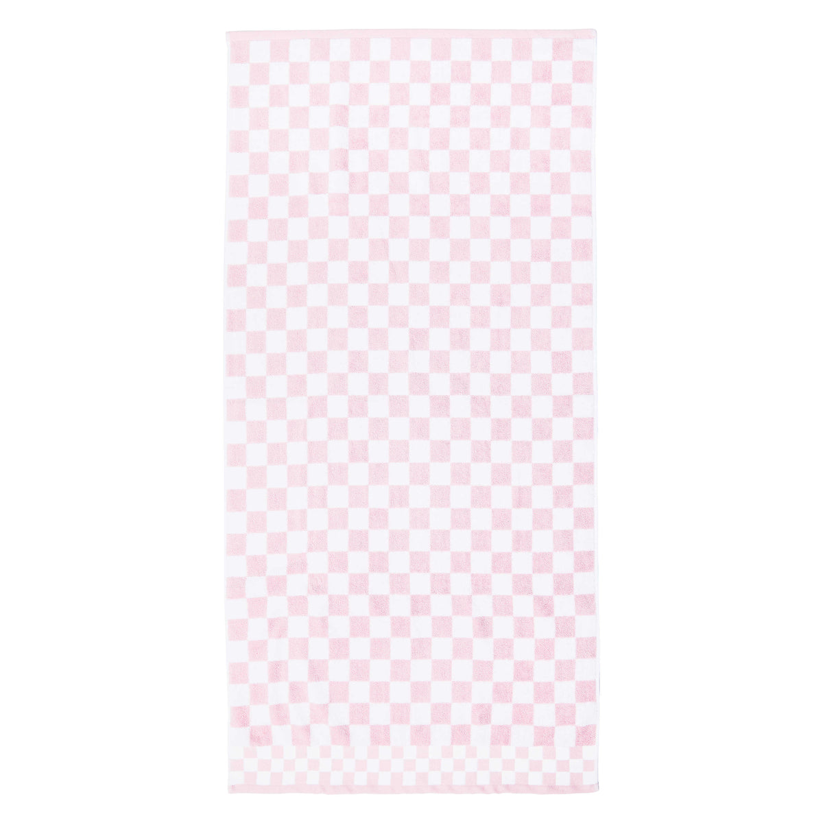 Pink and white checkered cotton bath towel with a small checkerboard border at the bottom.