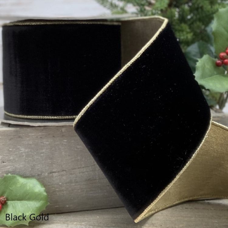 4 inch wide black velvet ribbon with gold metallic trim and backing.
