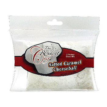 The Resident Chef Salted Caramel Cheeseball dessert mix in a clear plastic bag with a red label.