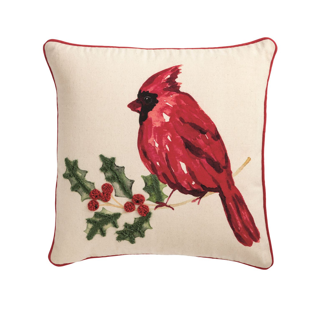 Cardinal red square decorative pillow with cotton shell and polyester filling.