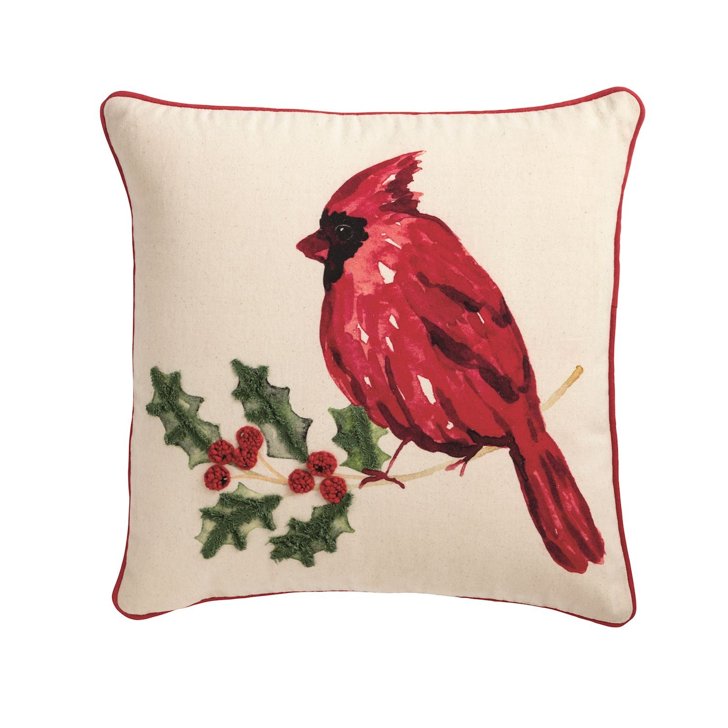 Cardinal red square decorative pillow with cotton shell and polyester filling.