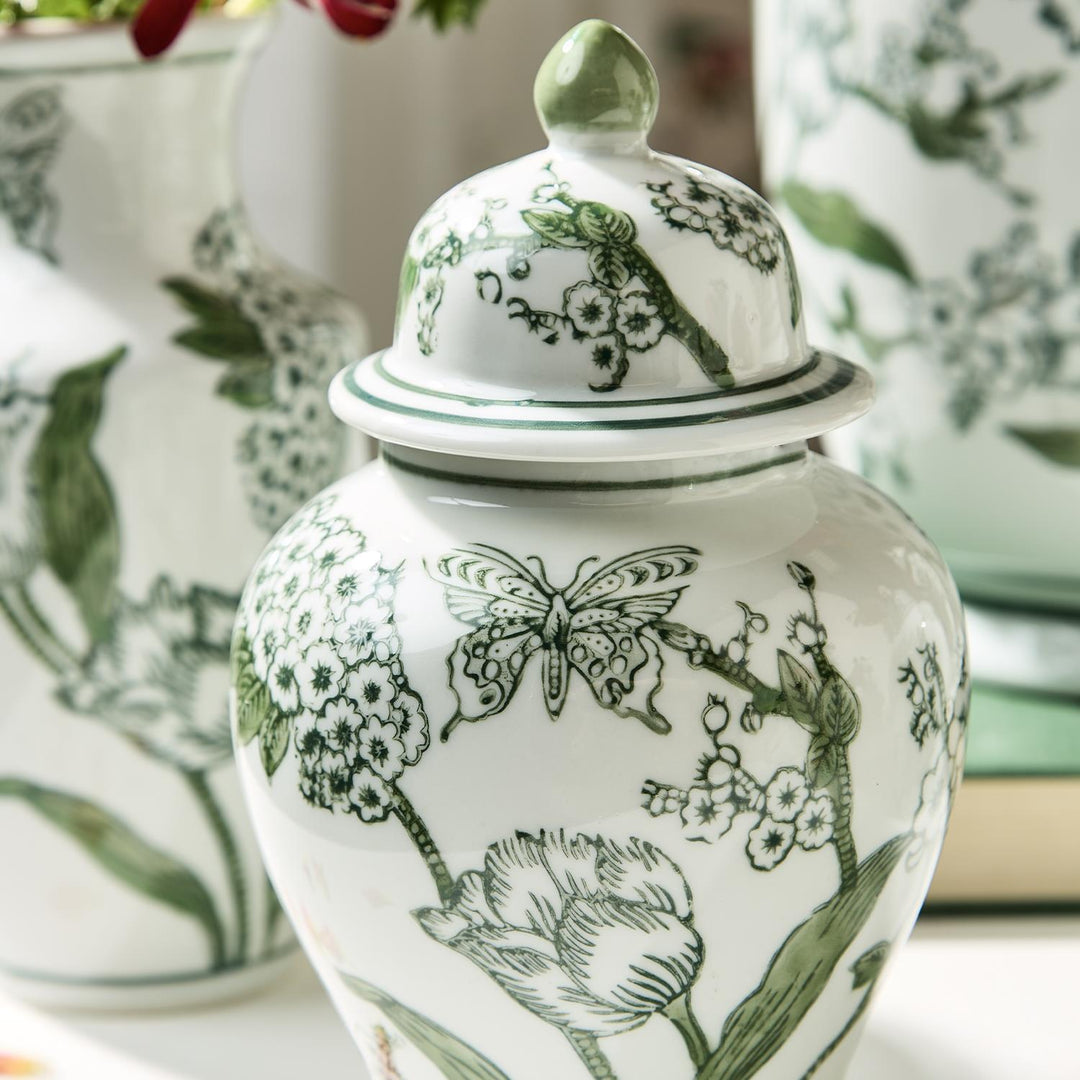 8" Primrose and Lotus Green and White Chinoiserie Jar with Lid