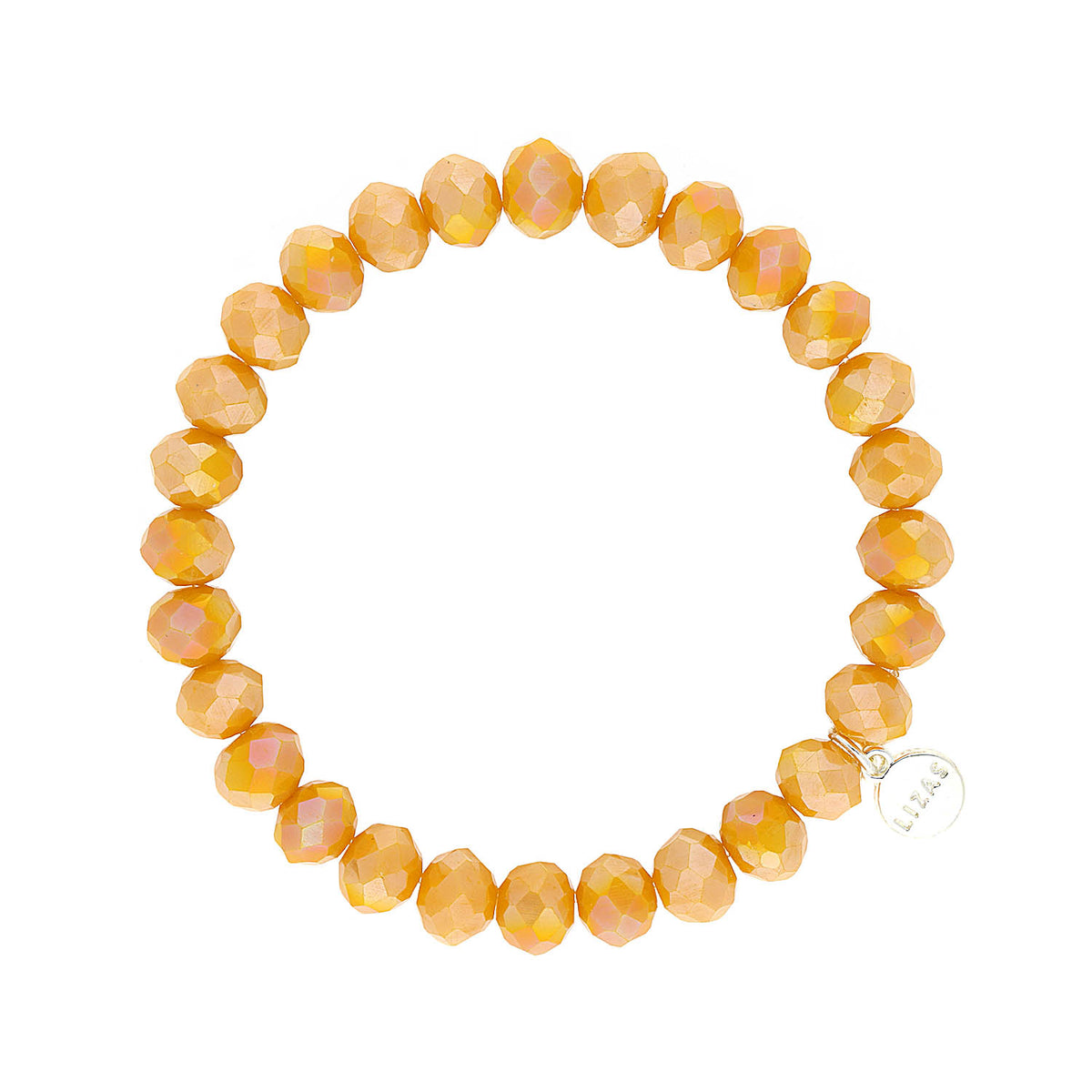 Stretchy beaded bracelet with faceted glass beads in a colorful pattern.