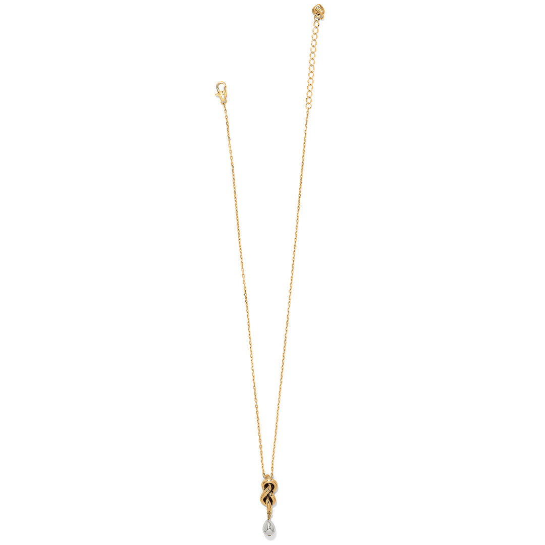 Interlok Single Knot Drop Two Tone Necklace with gold chain and silver-gold pendant.