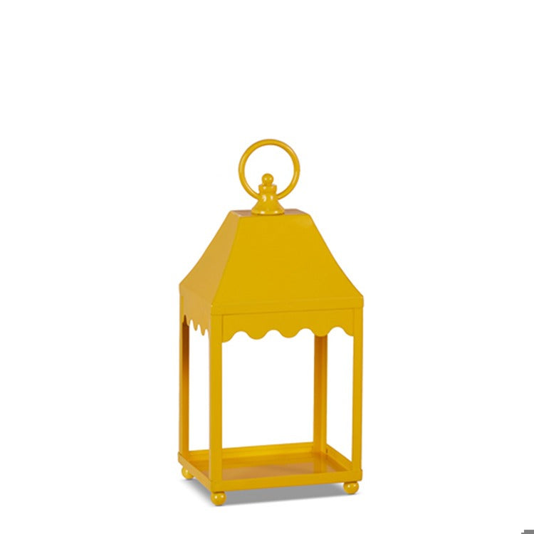 Yellow iron lantern with a rectangular frame measuring 6 inches wide by 4.5 inches deep and standing 13.5 inches tall.
