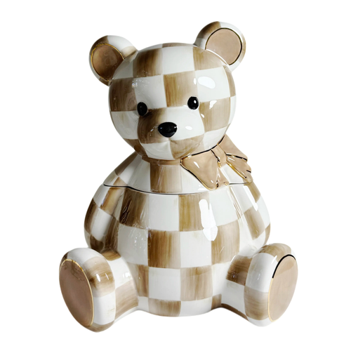 Mocha Bear Cookie Jar featuring a brown and white checkered pattern and a gold-trimmed bow.