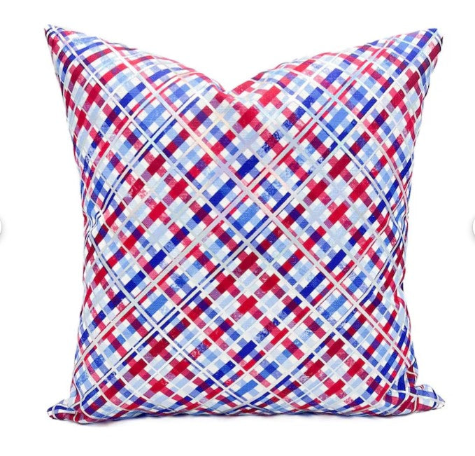 Handmade 24-inch patriotic plaid pillow with holographic foil accents