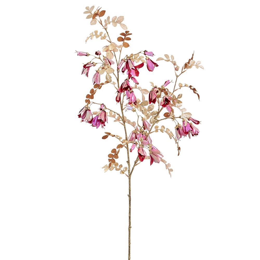 44-inch metallic Sophora japonica spray with fuchsia flowers and gold leaves on a single stem.