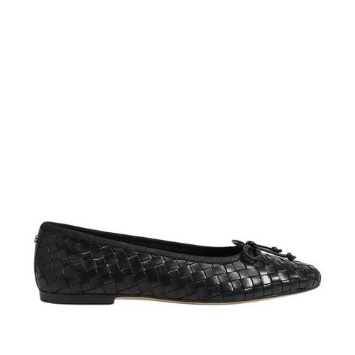 Black woven leather Ruthie ballet flat with a square toe and decorative bow.