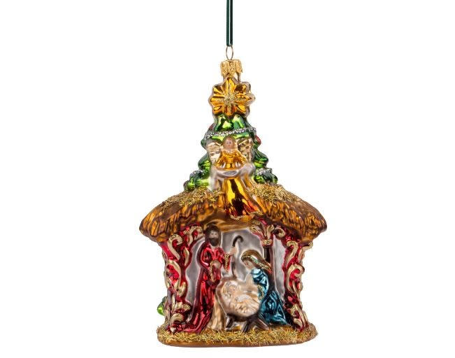The First Noel Nativity glass ornament featuring a stable scene with Mary, Joseph, and baby Jesus.