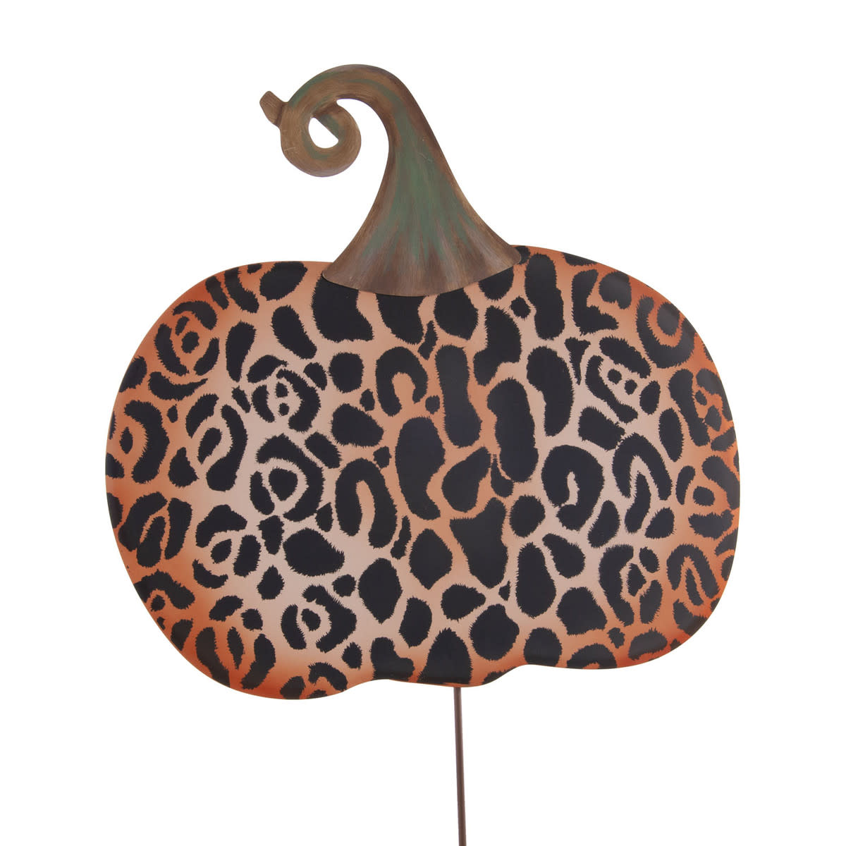 Large metal leopard print pumpkin decoration with a brown stem and a garden stake.