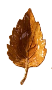 Glossy brown enamel leaf-shaped tray with textured vein detailing and a metallic gold stem.