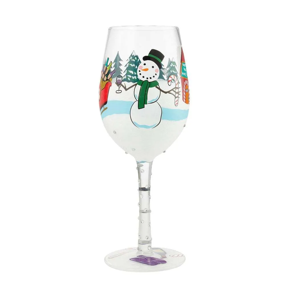 Blown glass wine glass with hand-painted colorful cocktail recipe base and glitter accents