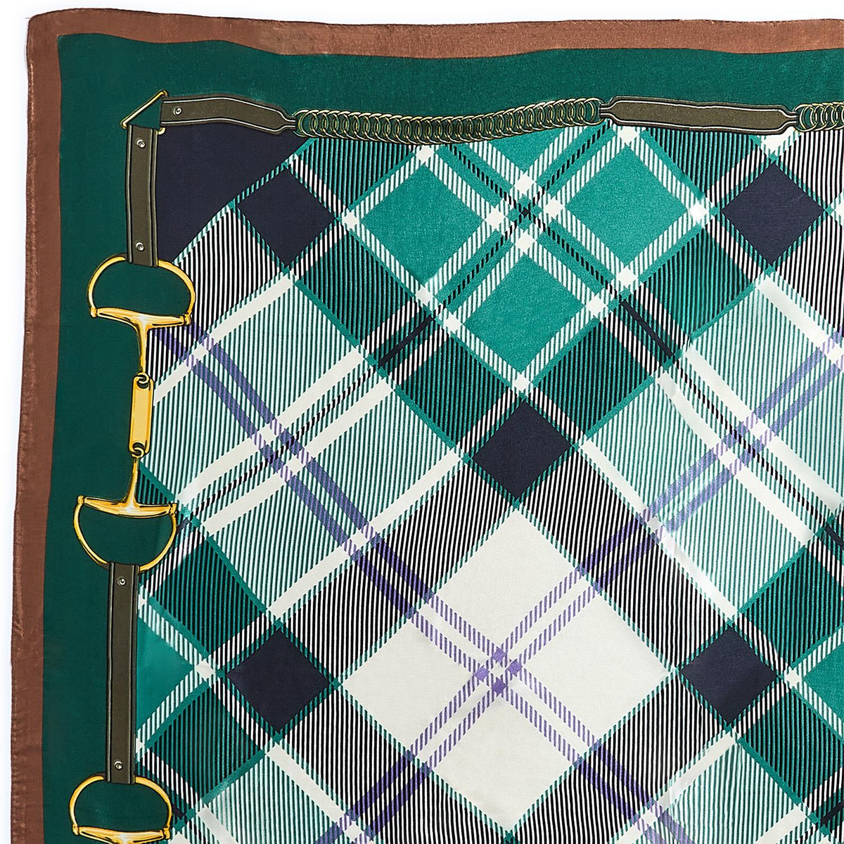 Heritage Tartan Silky Scarf featuring a green and white plaid pattern with gold bit accents.