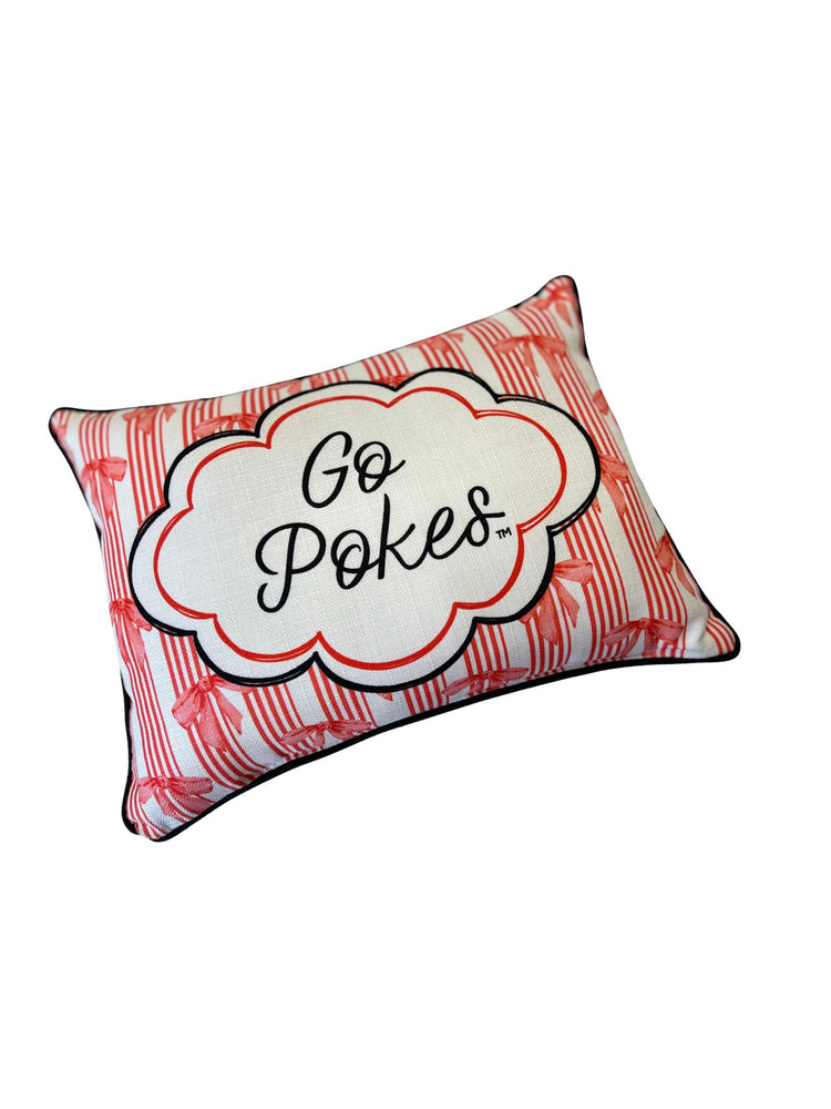 Rectangular pillow with red and white stripes, bows, and a cloud bubble reading "Go Pokes".