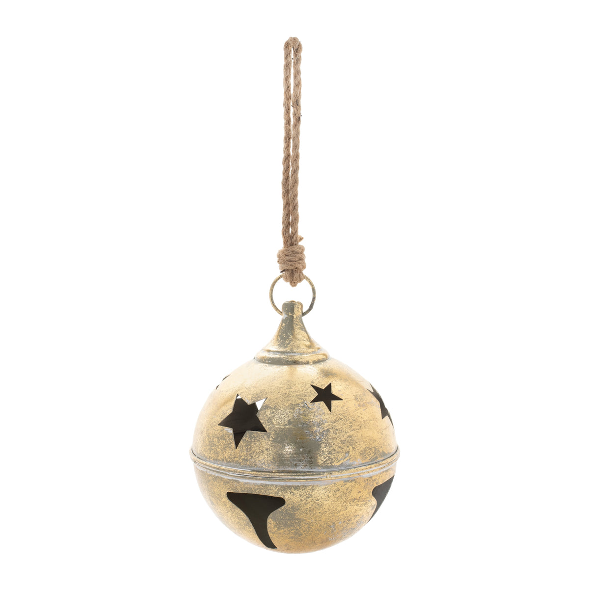10-inch gold metal bell ornament with star cutouts and a natural rope hanging loop.