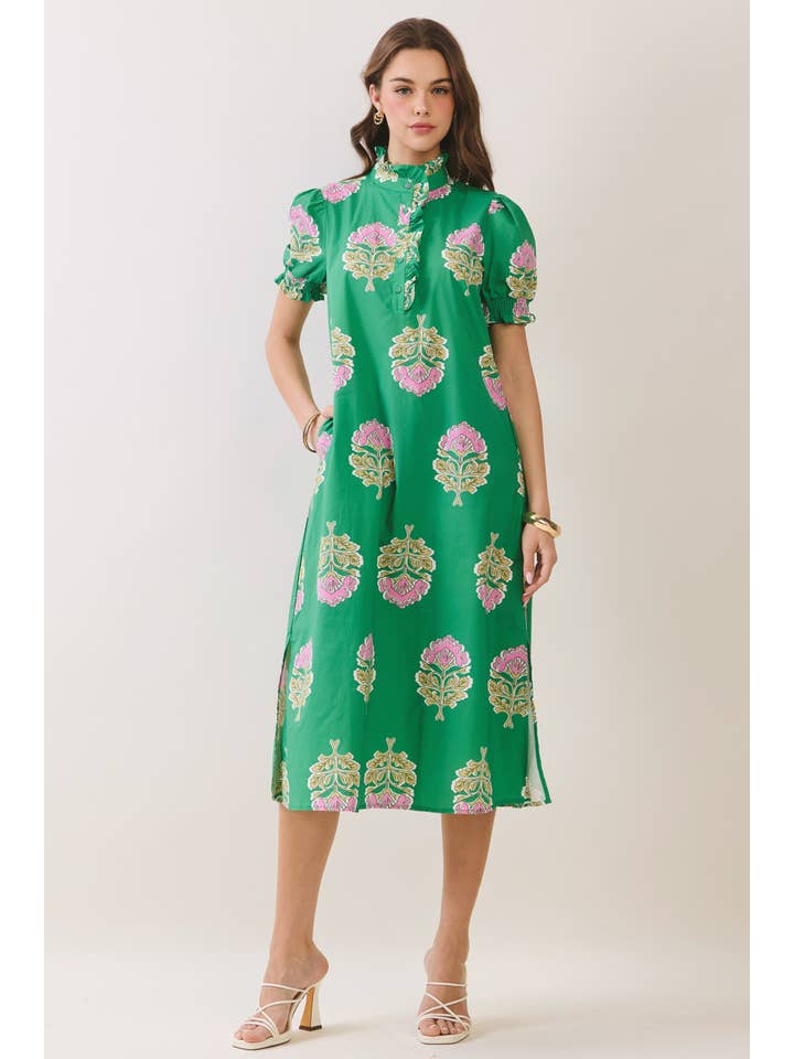 Lysa Floral Print Ruffle Collar Button Down Midi Dress
