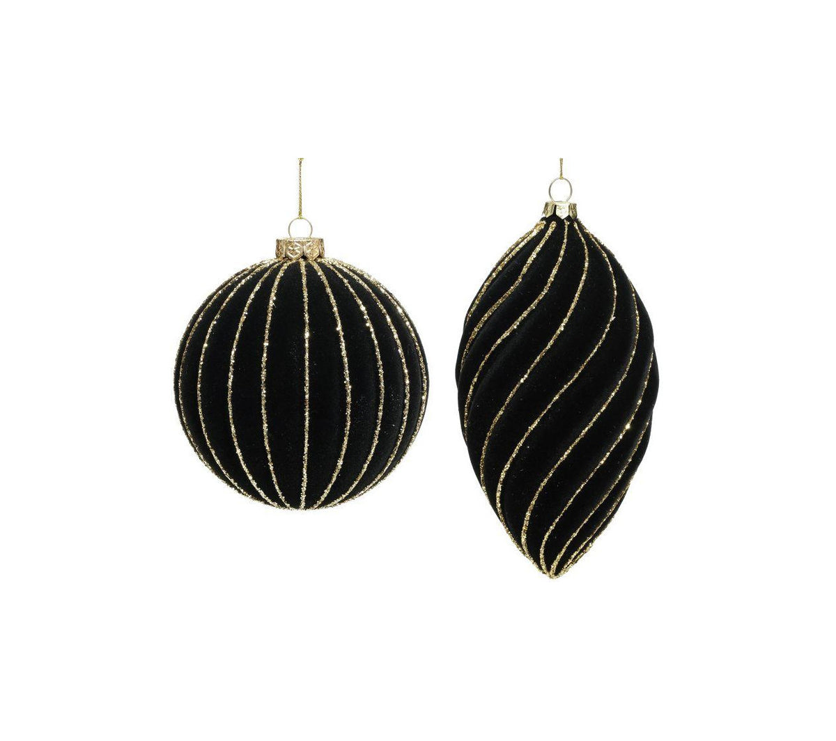Black flocked Christmas ornaments with gold glitter stripes in round and teardrop shapes.