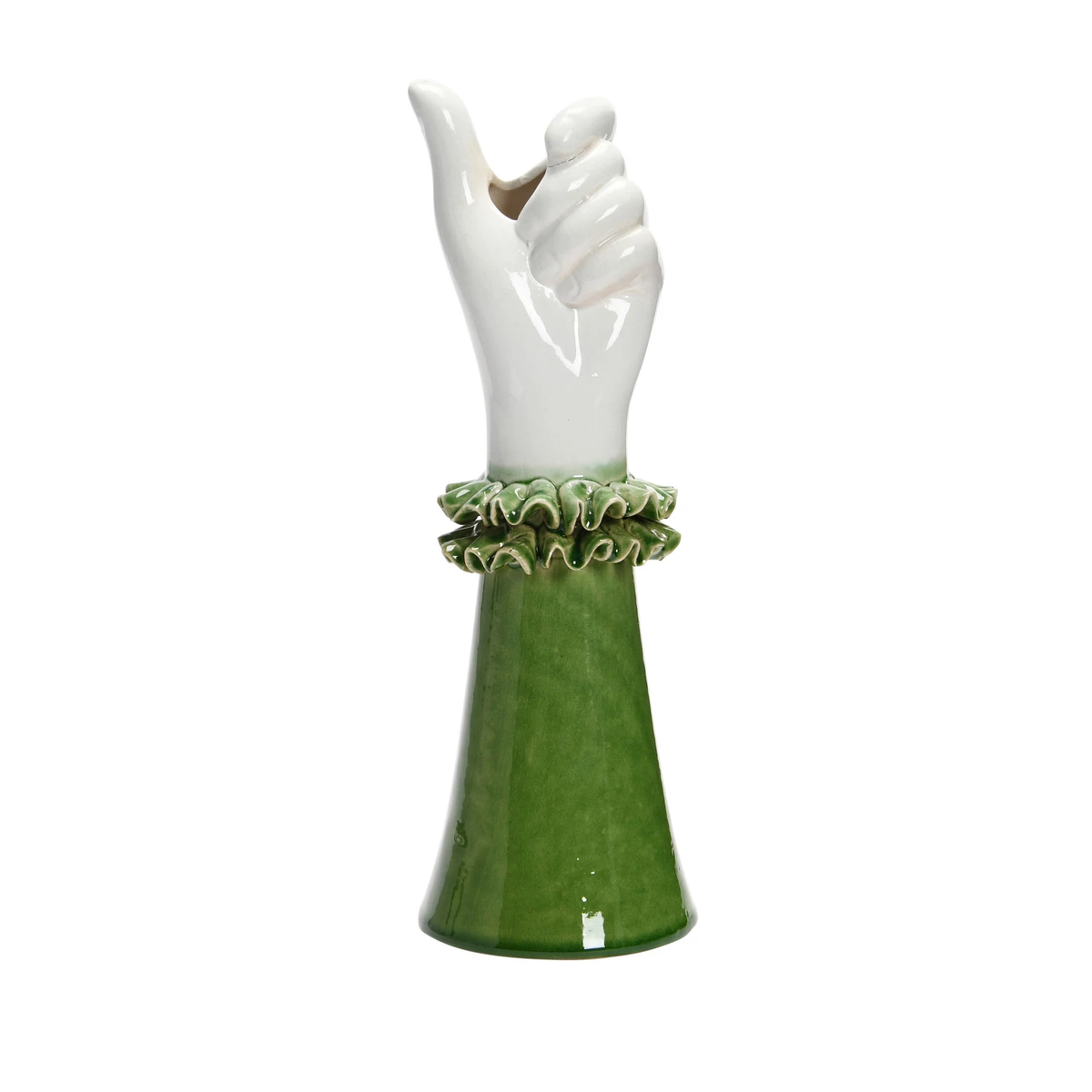Stoneware hand-shaped vase with ruffled shirt sleeve silhouette in neutral tone