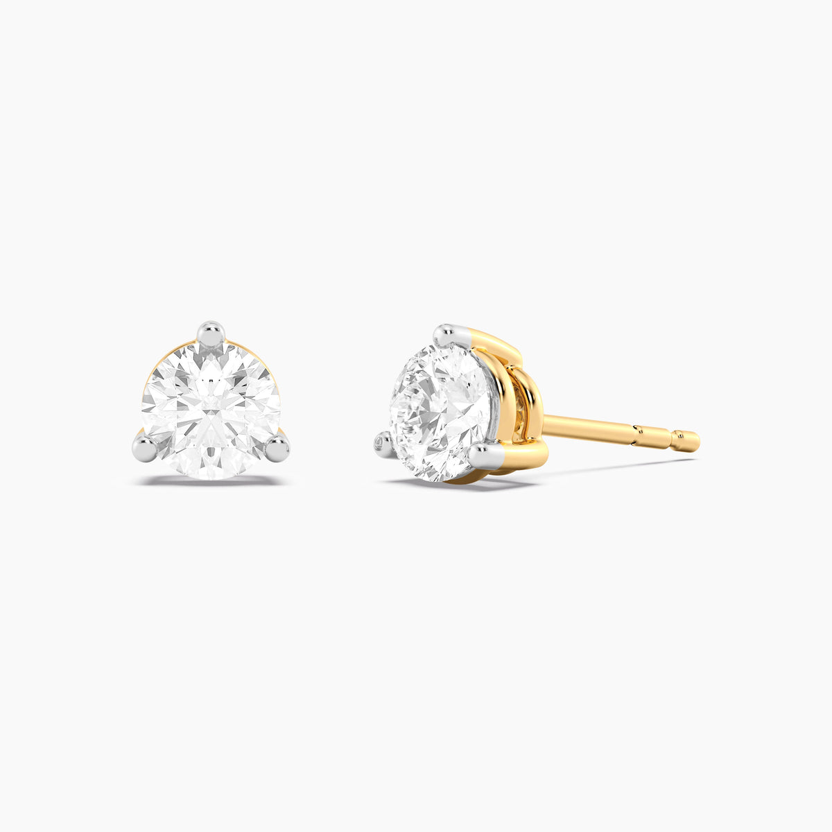 Lab-grown diamond stud earrings in gold finish with three-prong setting