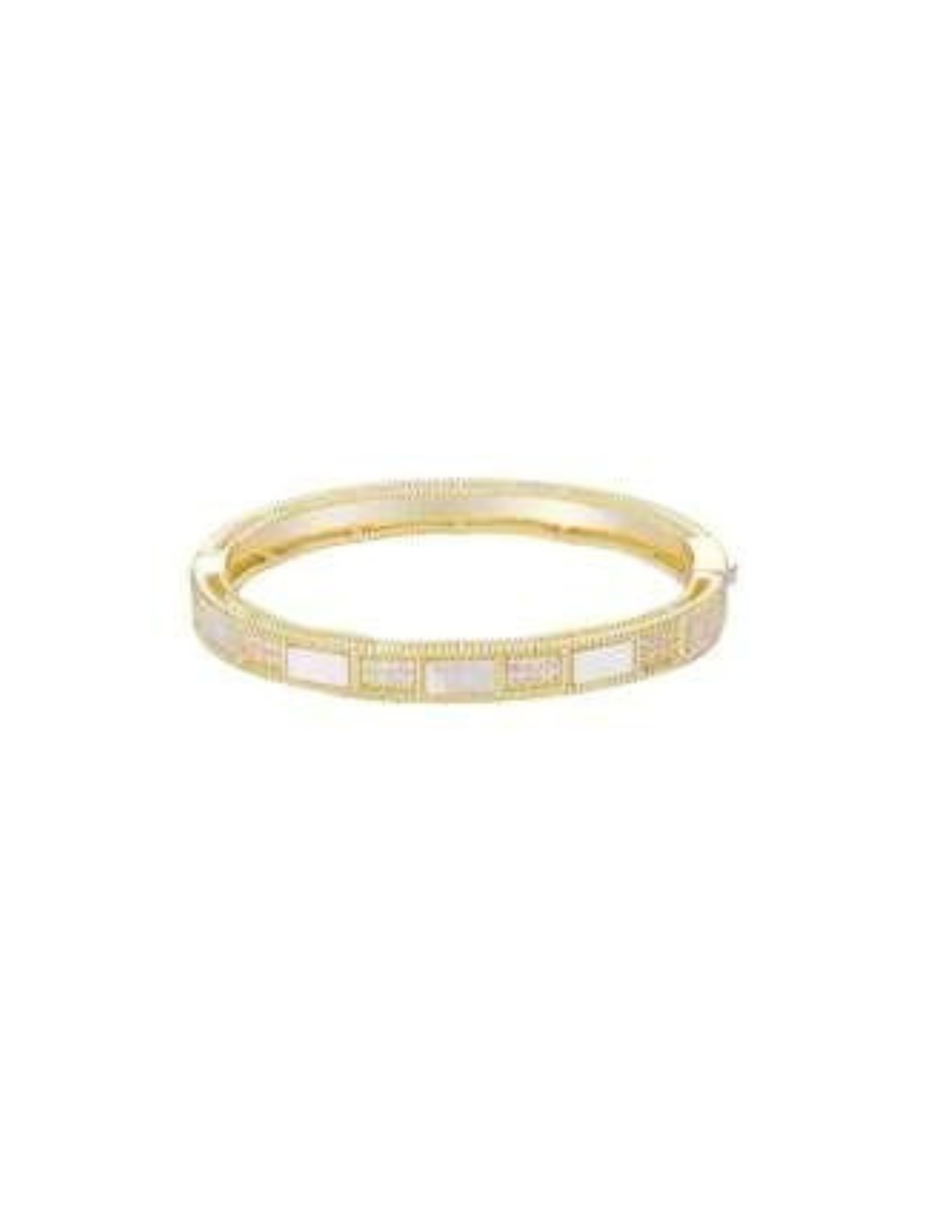 Gold-tone bangle bracelet featuring alternating rectangular mother of pearl and pavé stone inlays.