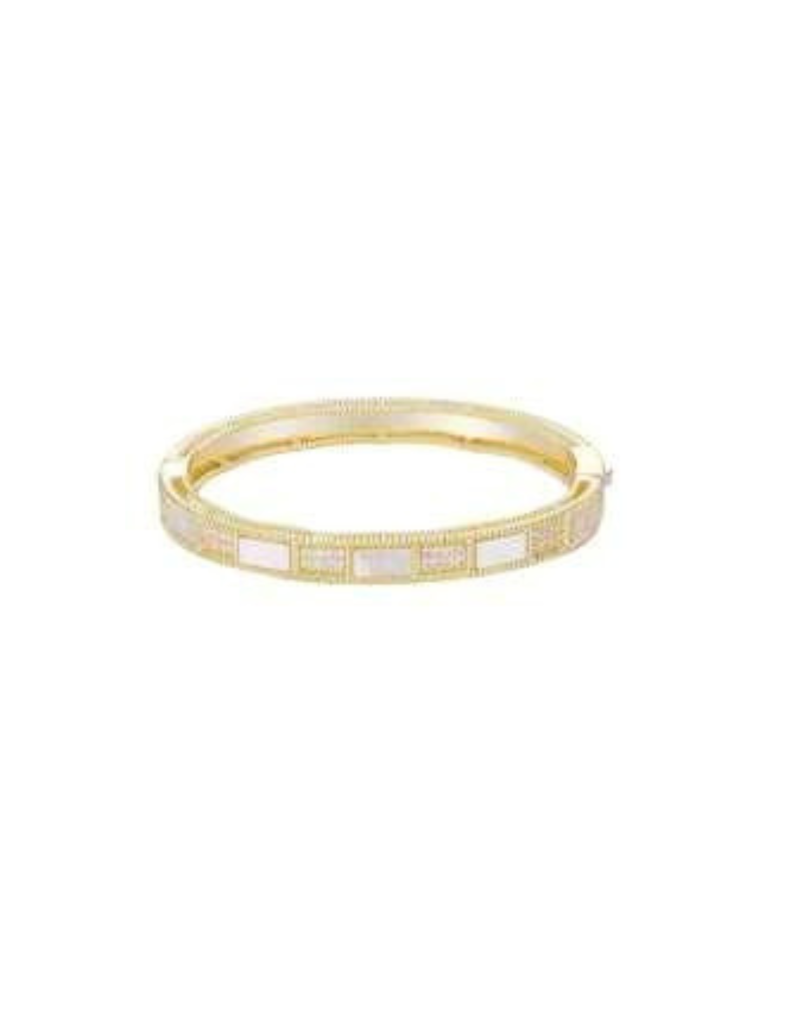 Gold-tone bangle bracelet featuring alternating rectangular mother of pearl and pavé stone inlays.