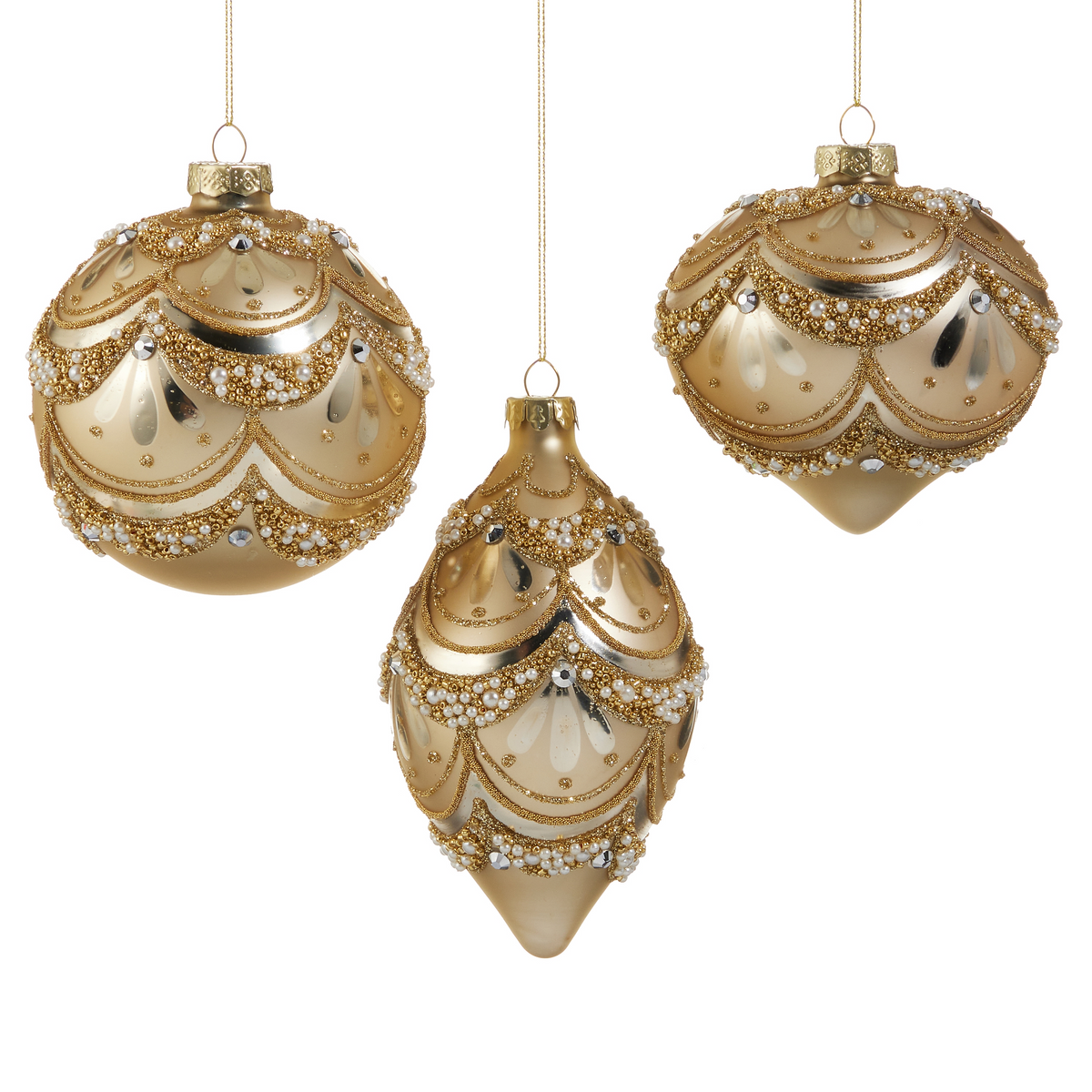 Three gold glass Christmas ornaments with pearl and glitter trim in round, teardrop, and onion shapes