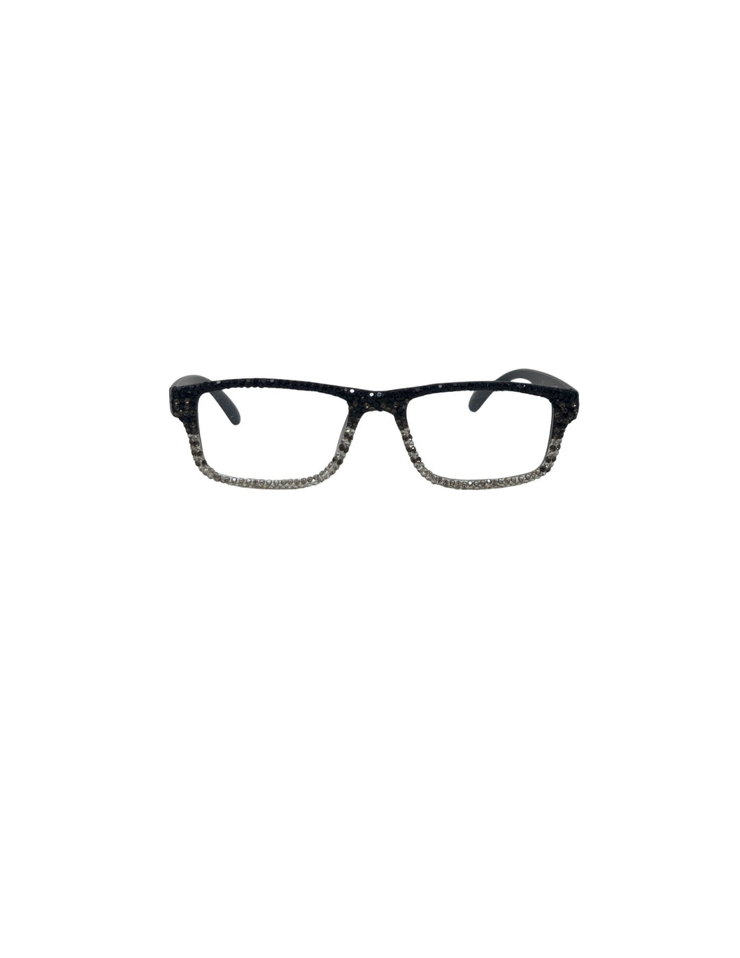 Rectangular rhinestone reading glasses with a black to silver gradient crystal frame.