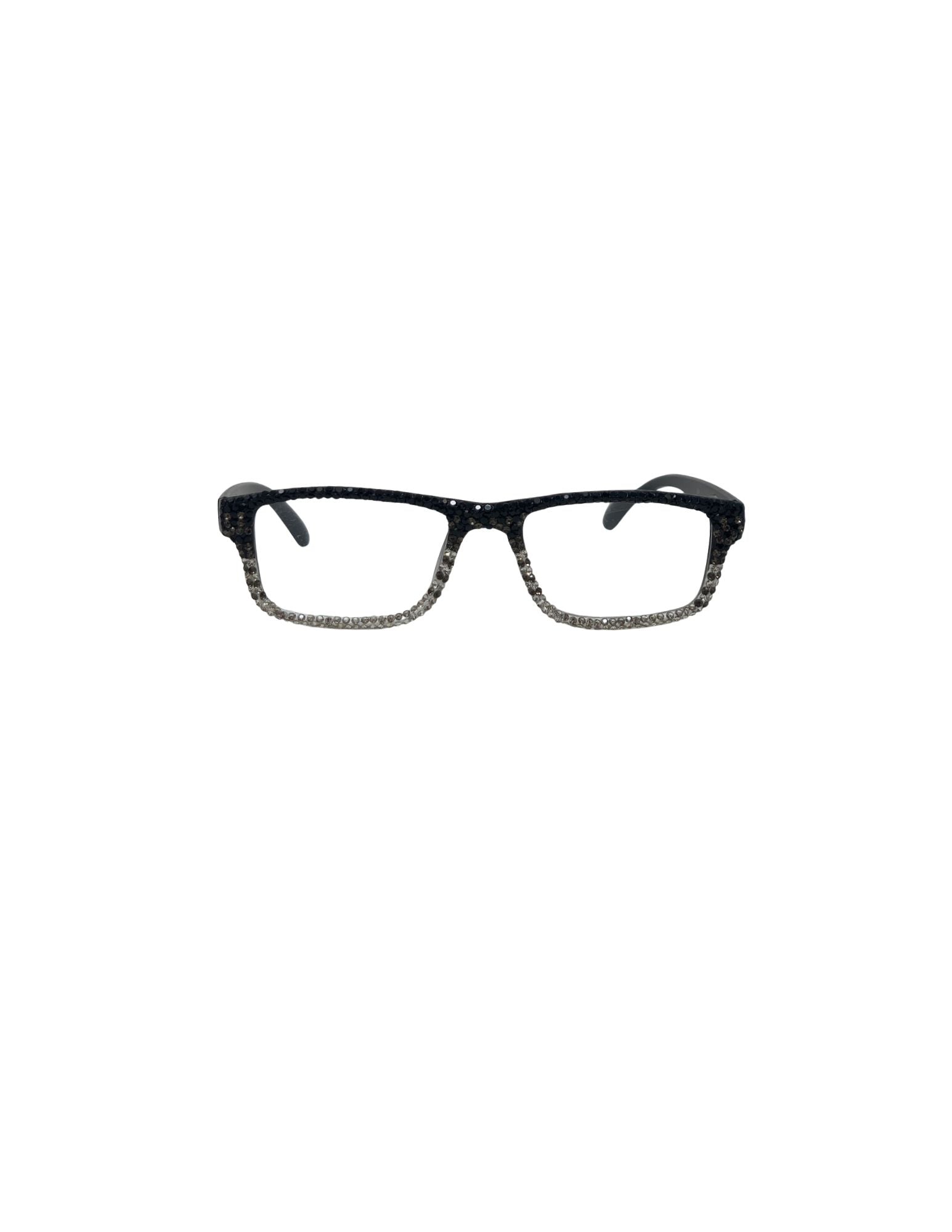 Rectangular rhinestone reading glasses with a black to silver gradient crystal frame.