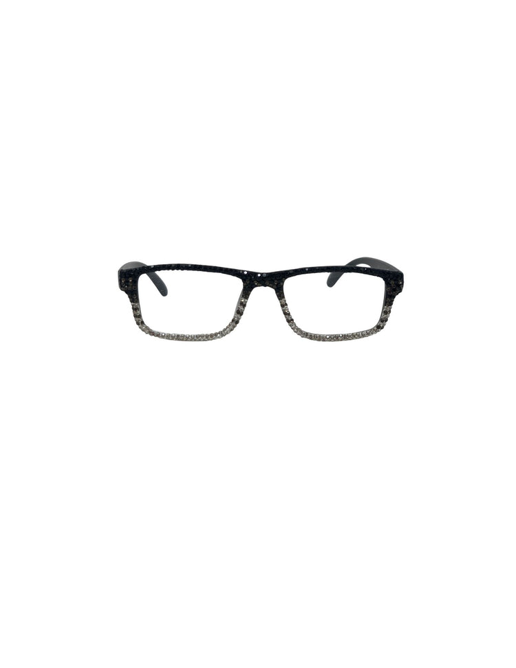Rectangular rhinestone reading glasses with a black to silver gradient crystal frame.