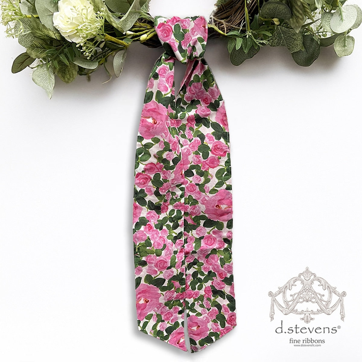 Pink linen curtain panel with white rose garden check pattern