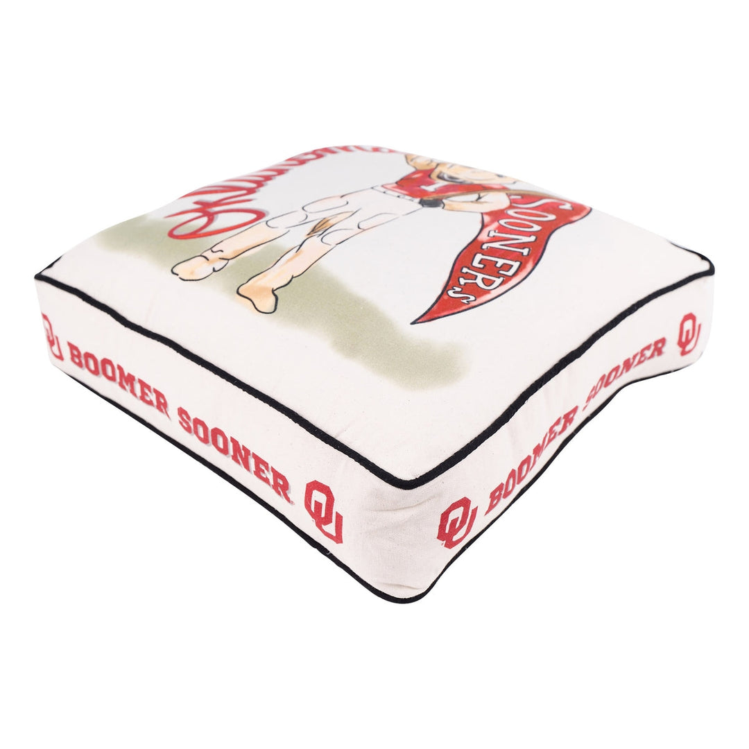Square Oklahoma Mascot Pillow with Boomer Sooner text and OU logo on the sides.