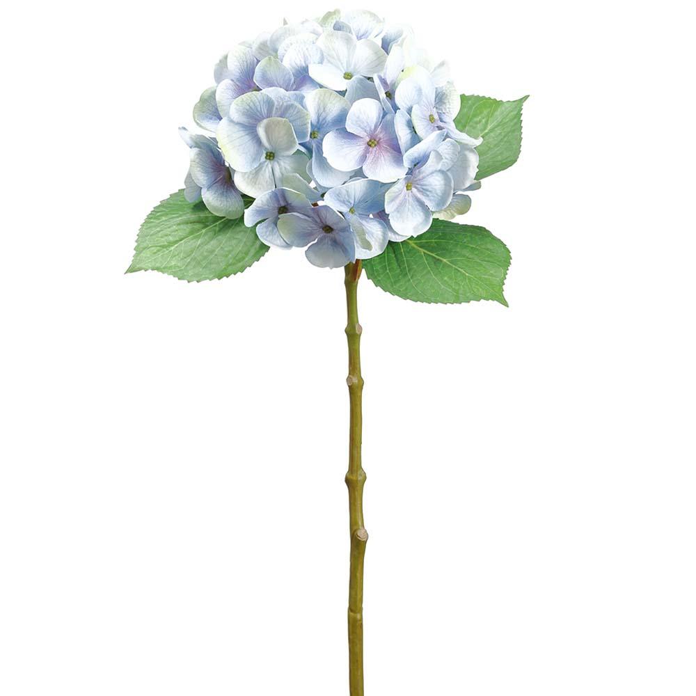 Plastic hydrangea spray with wire stem in soft blue floral arrangement