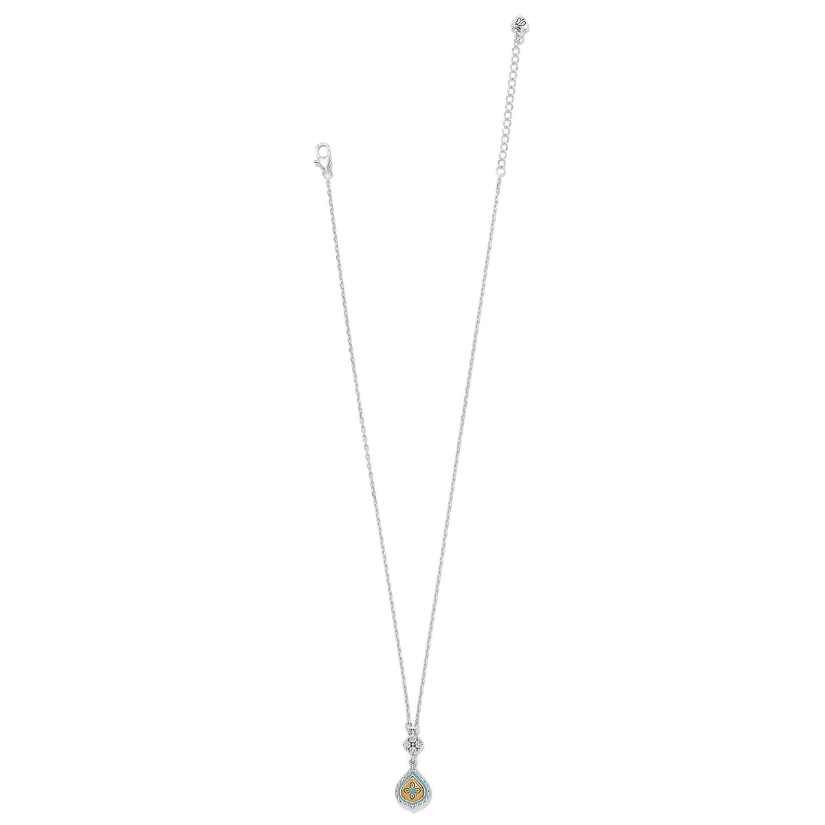 Silver two-tone teardrop necklace with fine quality crystals and enamel finish on an adjustable chain.