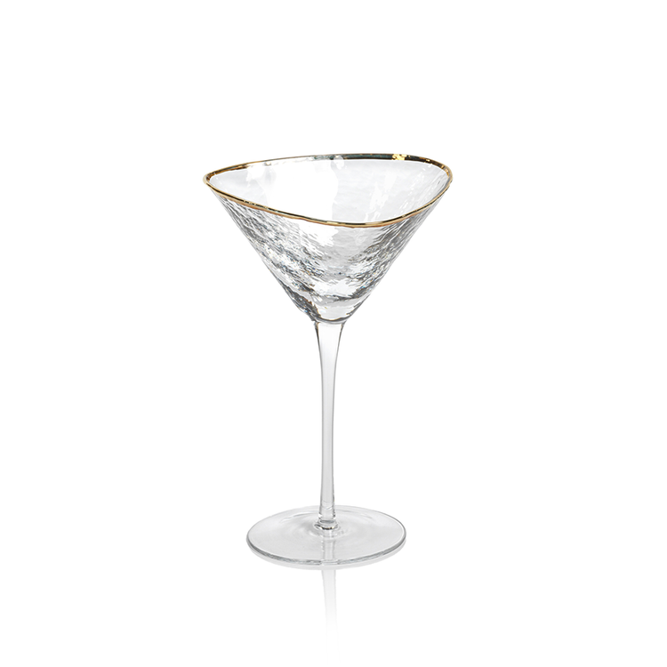 Aperitivo triangular martini glass with a textured clear finish and a gold rim on a long stem.