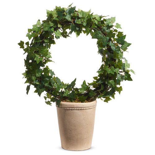 Green foam ivy ring topiary in cement pot with resin vines