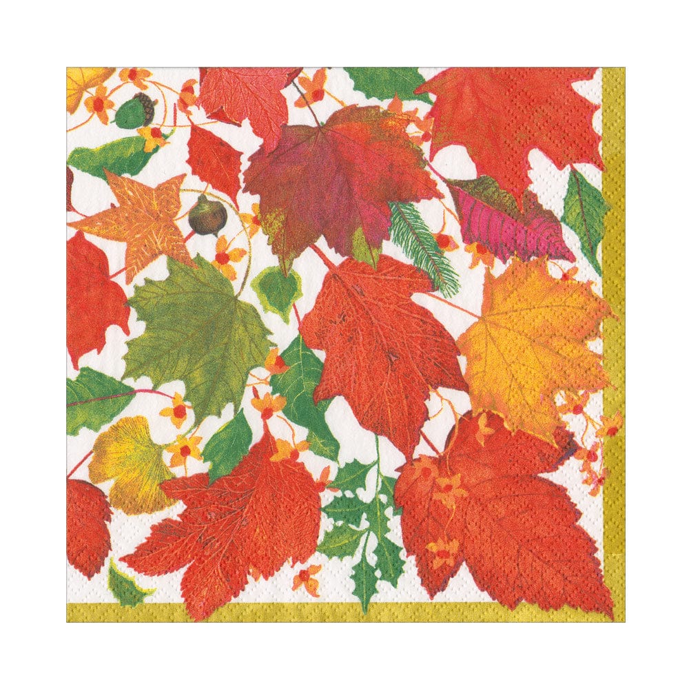 Caspari Swirling Leaves White Luncheon Napkins featuring colorful autumn maple leaves.