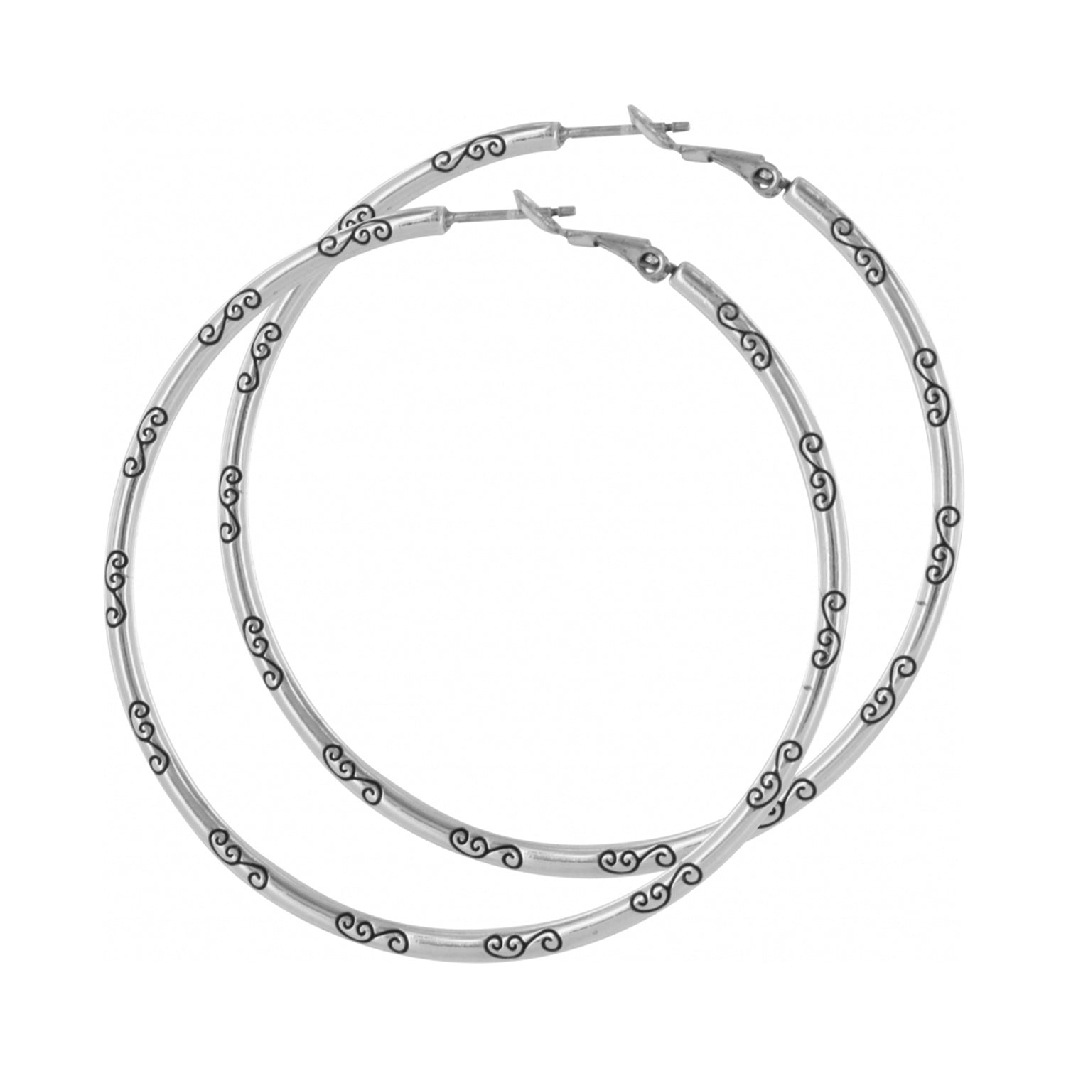 Grande silver plated hoop earrings with an engraved black scroll pattern and latch back closure.