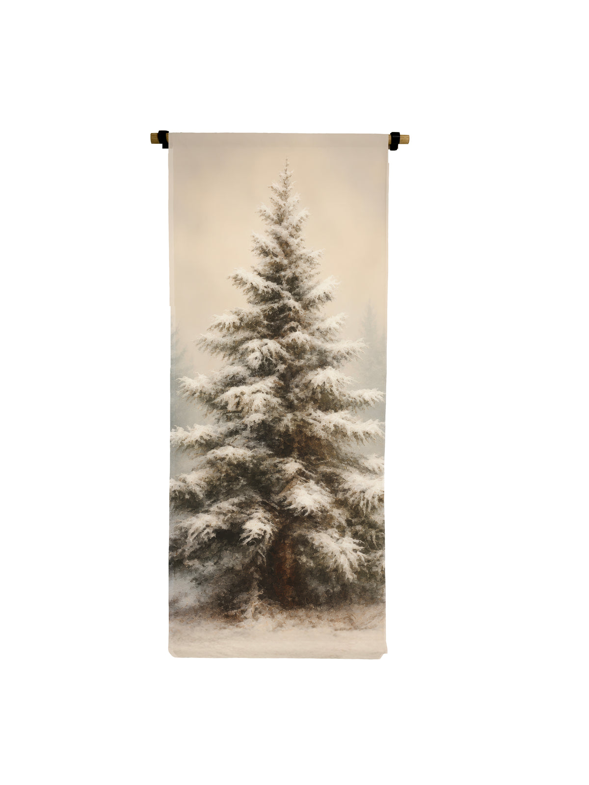 Vintage Christmas tree canvas scroll featuring a snow-covered evergreen on a neutral background.