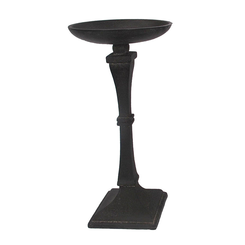 Tall iron candle holder with a cylindrical silhouette in matte black finish.