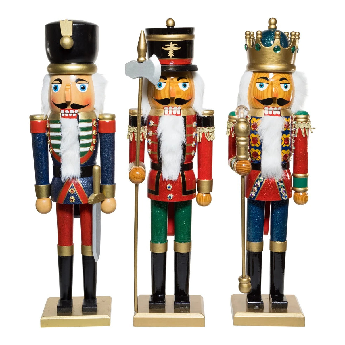 Three 20-inch wooden nutcrackers: a soldier with a sword, a guard with an axe, and a king with a scepter.