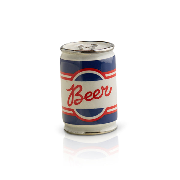 Miniature ceramic beer can with blue, white, and red stripes and red script text.