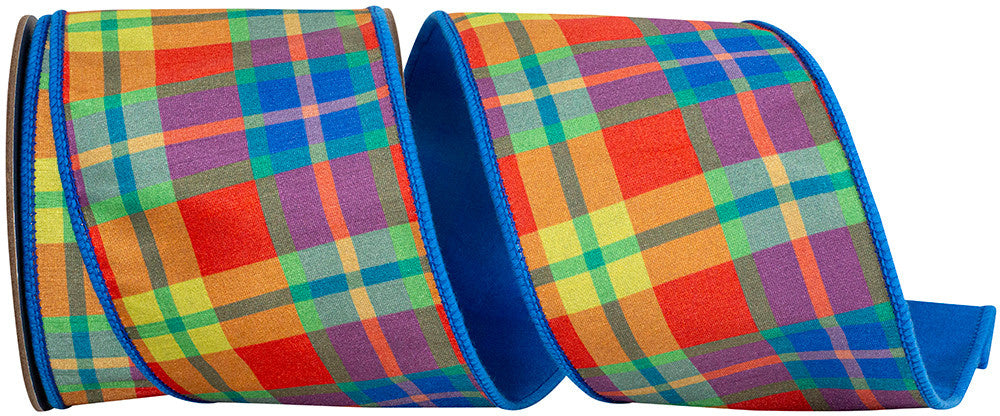 Four-inch wide turquoise plaid wired edge ribbon with a polyester fiber content.