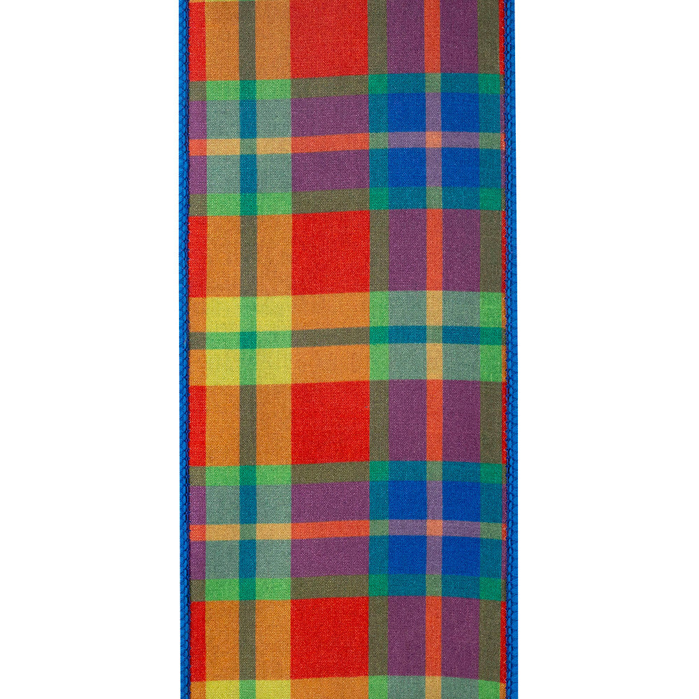 Four-inch wide turquoise plaid polyester ribbon with wired edges.