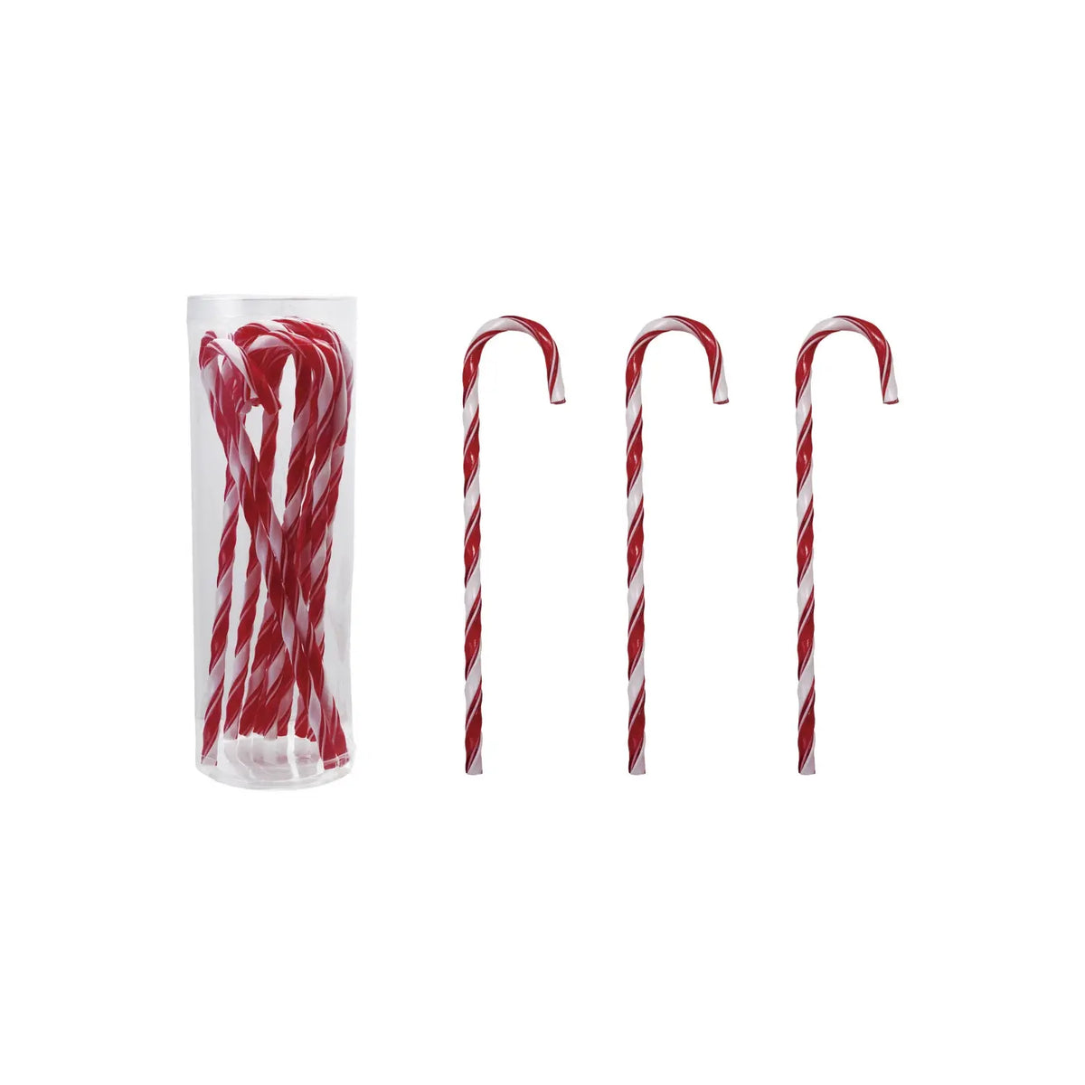 Set of plastic drink stirrers shaped like red-and-white striped candy canes.