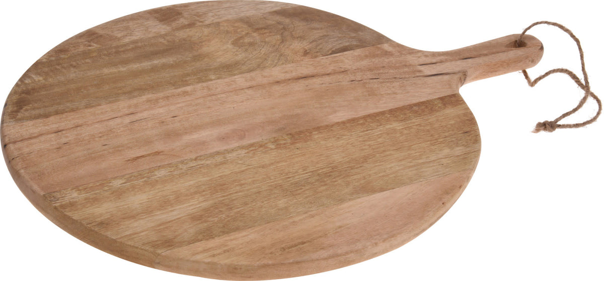 Round wooden serving plate with a natural finish measuring 50 centimeters in diameter.