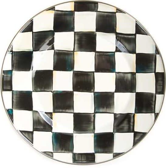 Hand-painted Courtly Check enamel dinner plate with bronzed stainless steel rim