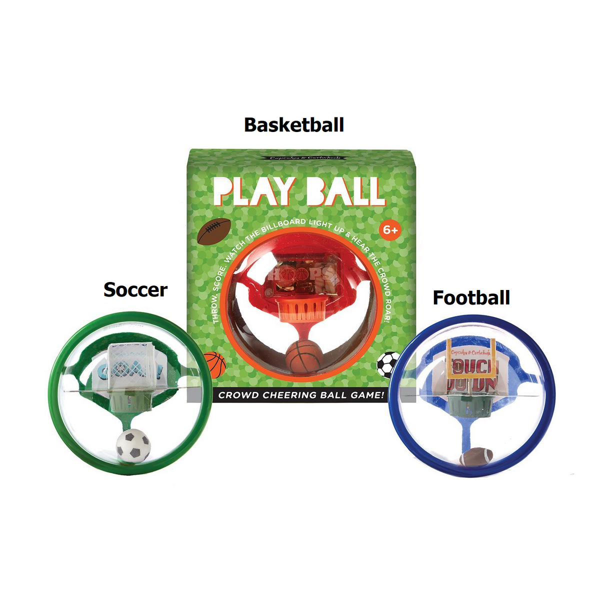 Handheld electronic play ball game with hoop featuring light-up scoring mechanism.
