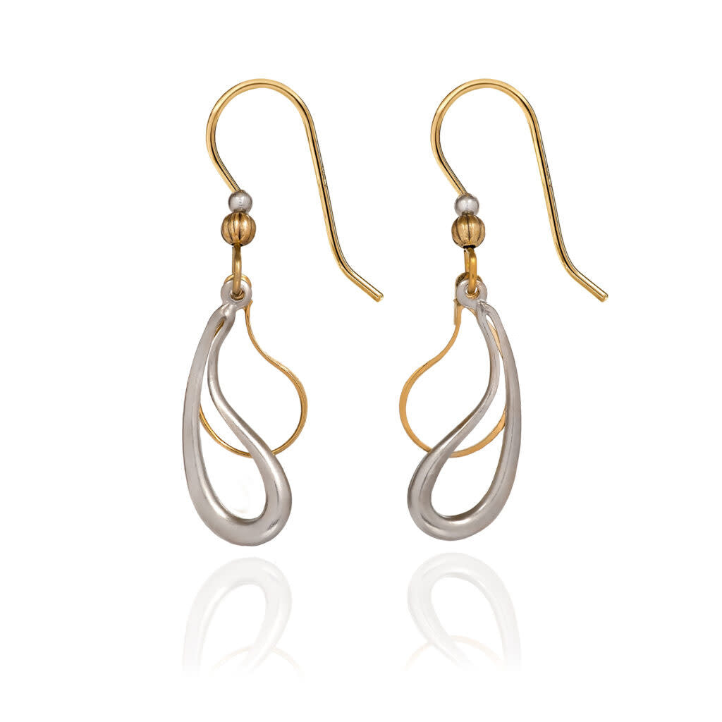 Layered paisley drop earrings in silver and gold tones with ceramic textures